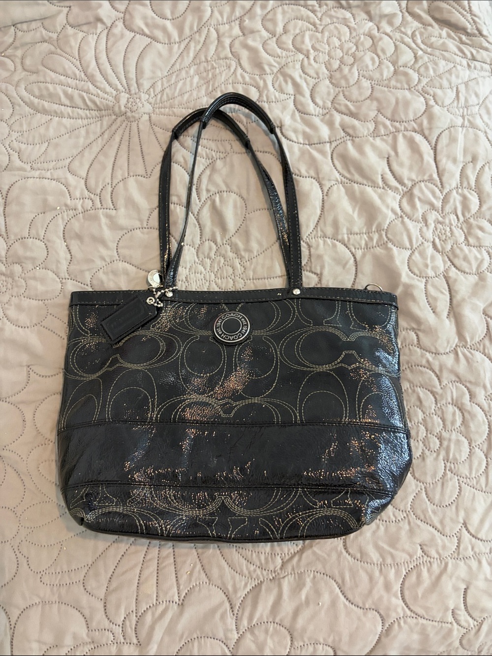 Coach Black Patent Logo Tote with Metallic Accents